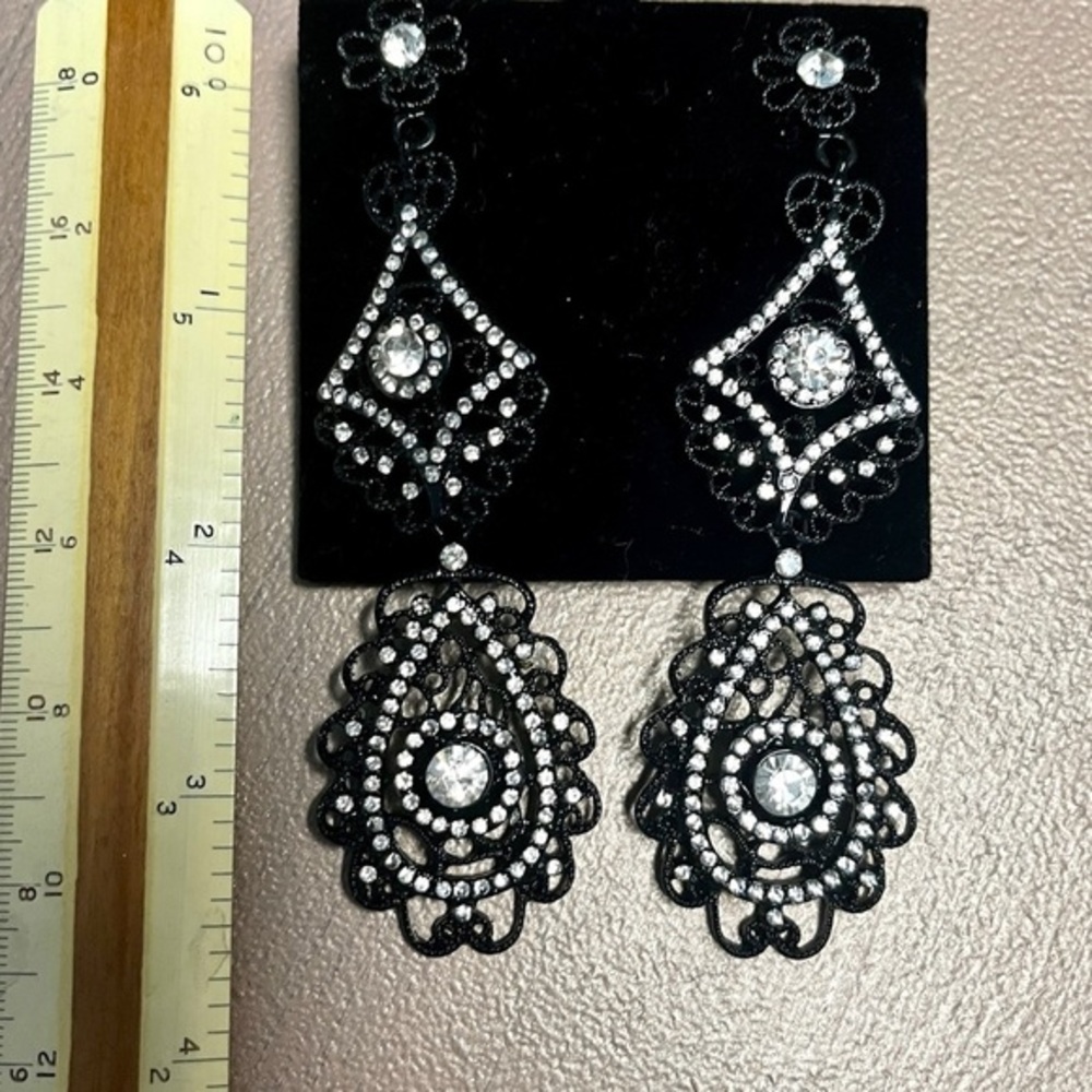 Earrings for Pierced Ears! Fun and Stylish Black Dangling with Clear Gems. NWT!​